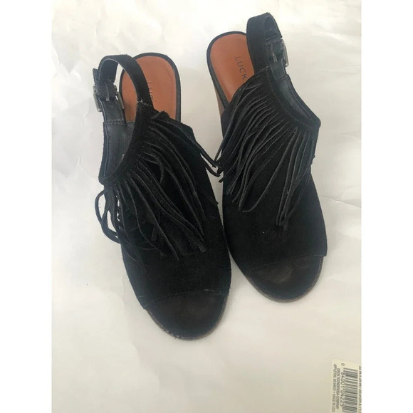 LUCKY BRAND LP-LIENNAH Suede Peep Toe Fringed Bootie 7.5M Black - Picture 1 of 6